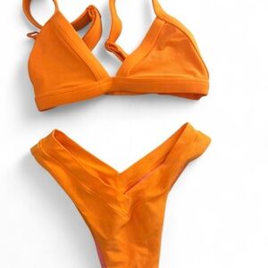 Orange Ribbed Triangle Bikini Set - Women Swim Bikinis